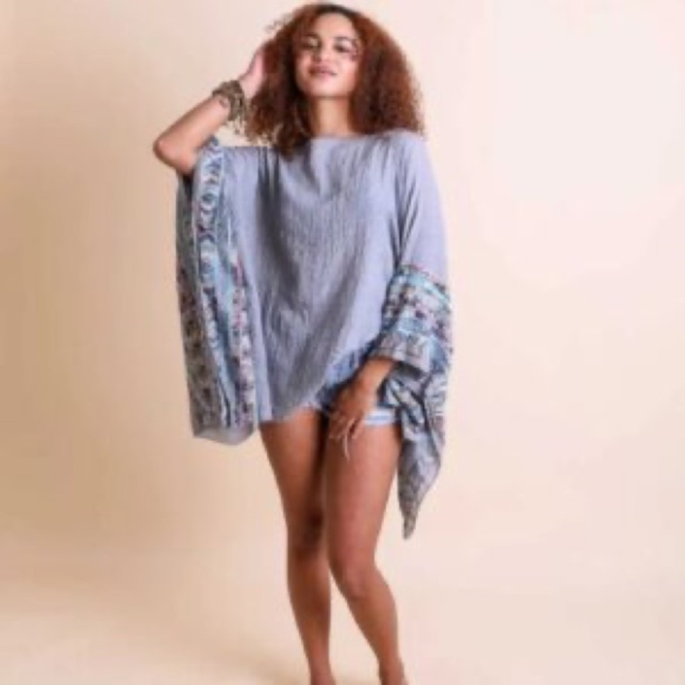 Bohemian Embroidered Gray Closed-Front Kimono Shirt - Picture 1 of 2